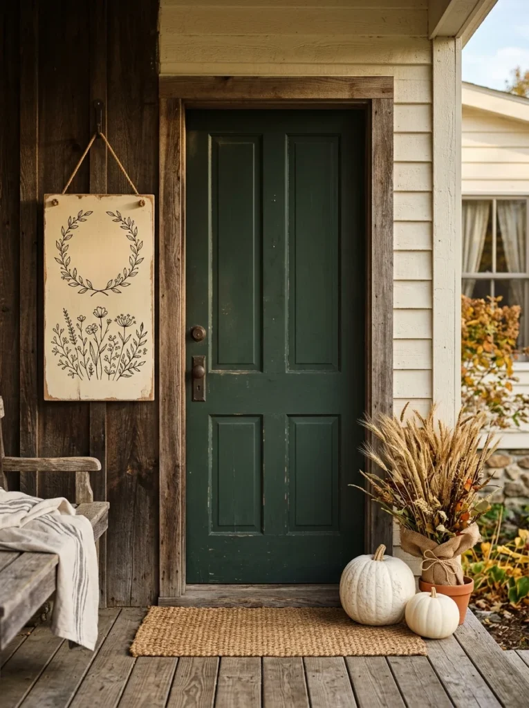 Rustic wooden farmhouse sign with fall accents beside a front door.