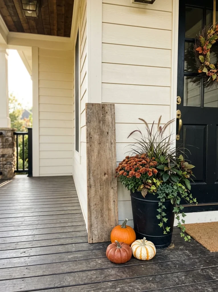 A tall wood sign adds personality to a small autumn front porch
