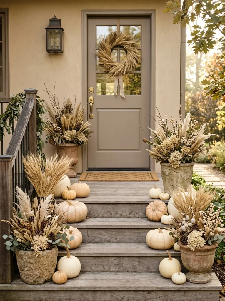 Cream pumpkins create a polished neutral fall porch decor display beside a taupe front door.