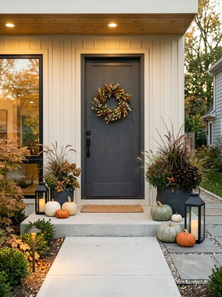 A balanced modern autumn porch shows how spacing keeps seasonal decorations looking polished.