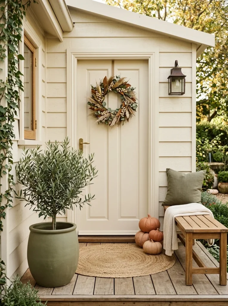 Cream, terracotta, and olive color palette for small fall porch decor.