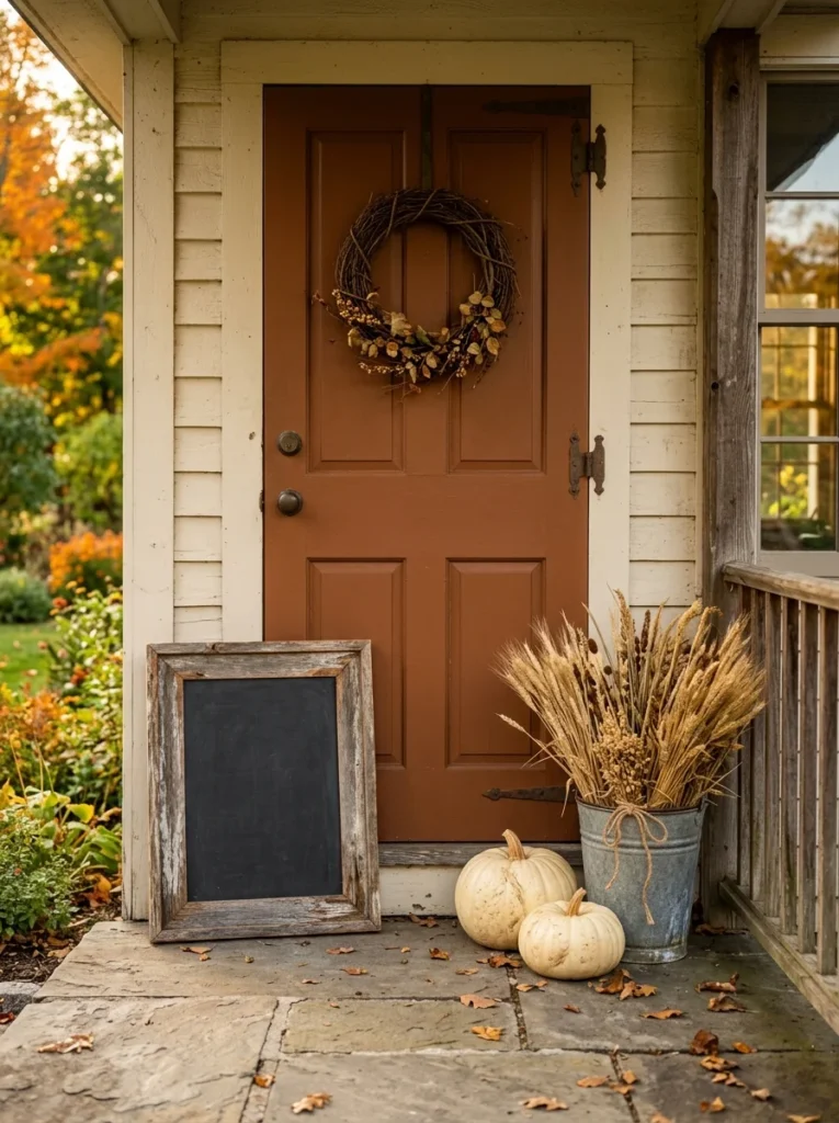 A small framed blackboard sign adds a simple farmhouse detail to a rustic fall entry.