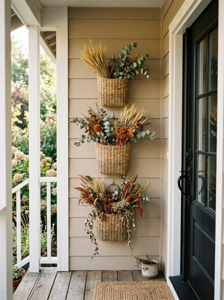 Vertical woven baskets with dried fall foliage on a small porch wall