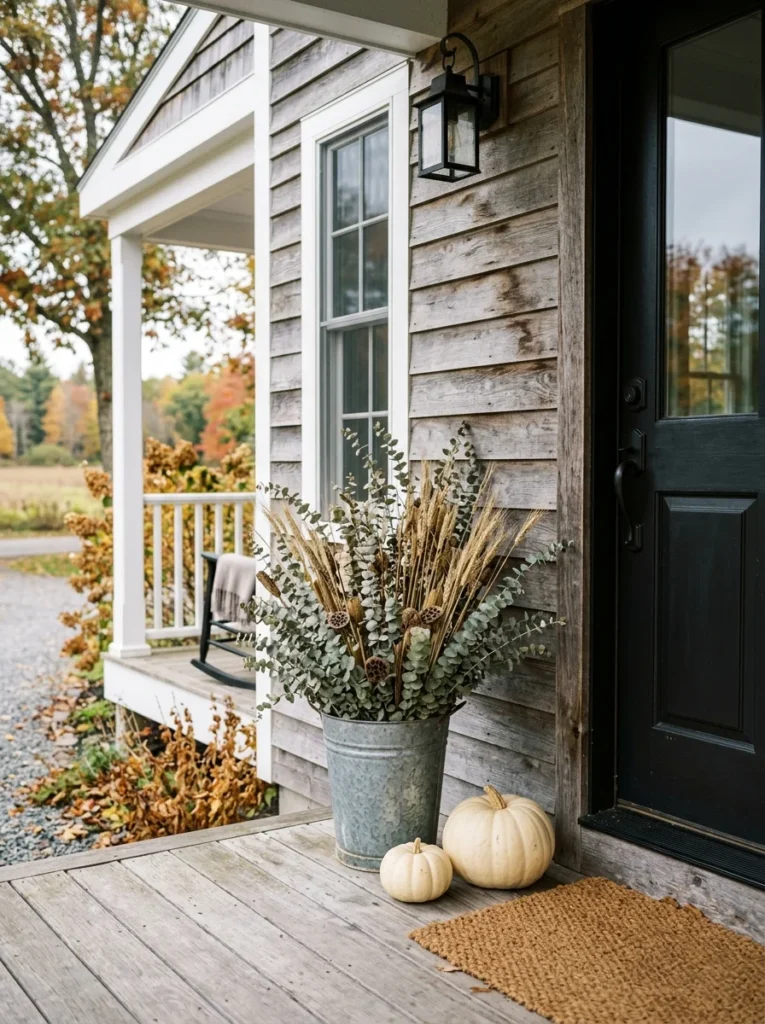 A galvanized bucket filled with dried stems adds practical rustic texture to a modern autumn porch.