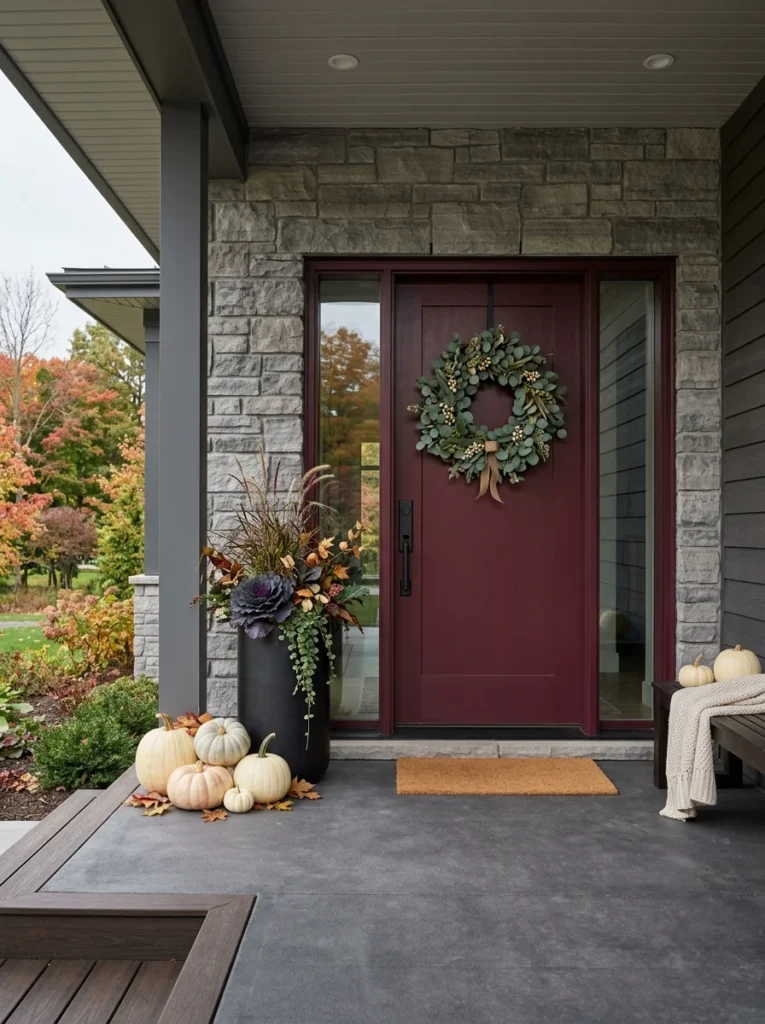 A burgundy door accent brings rich seasonal color to modern fall porch decor.