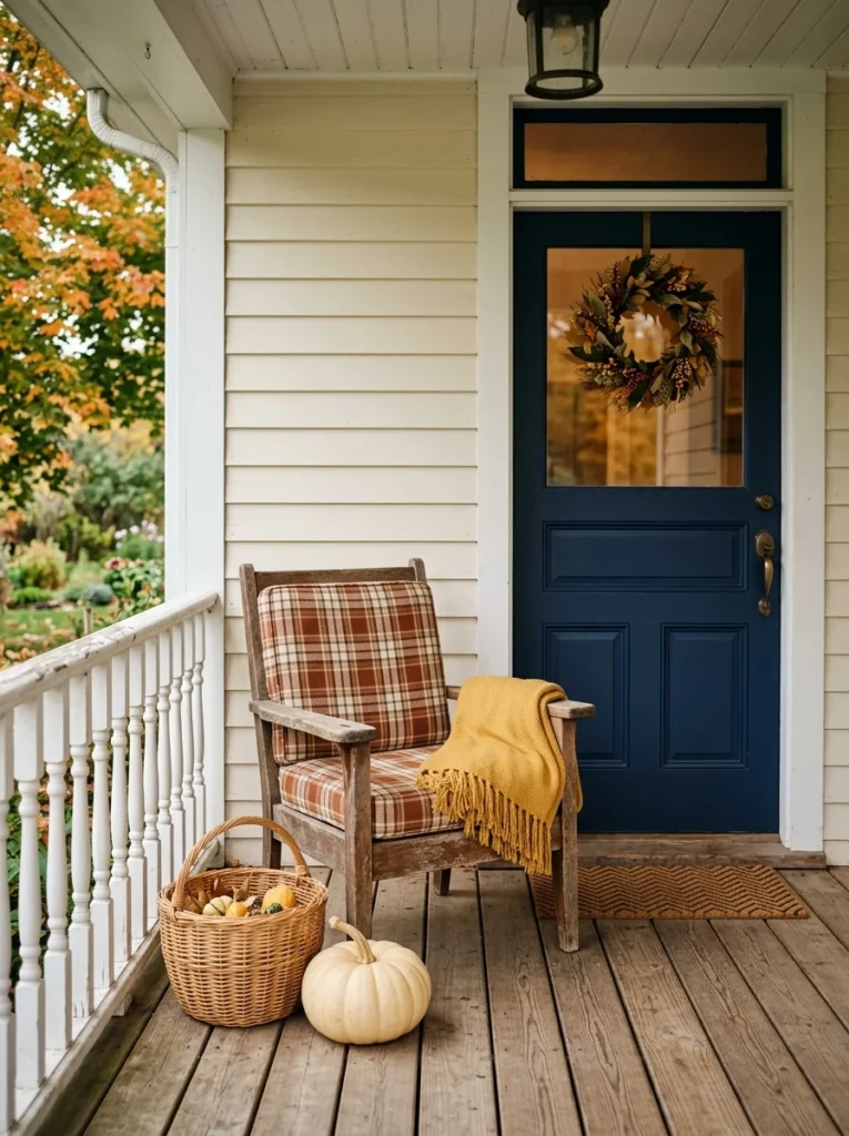 A vintage chair and plaid throw create a cozy autumn porch corner.