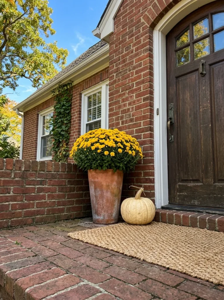  Golden mum in a tall planter for a compact autumn porch.