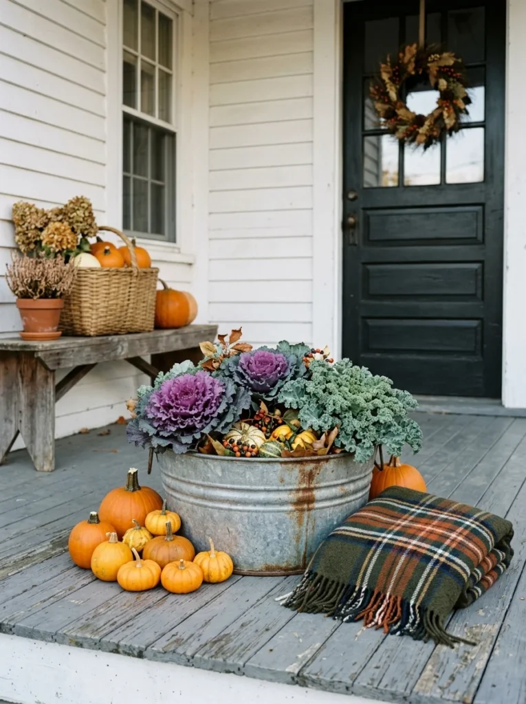 Galvanized tub filled with ornamental cabbage on a fall porch