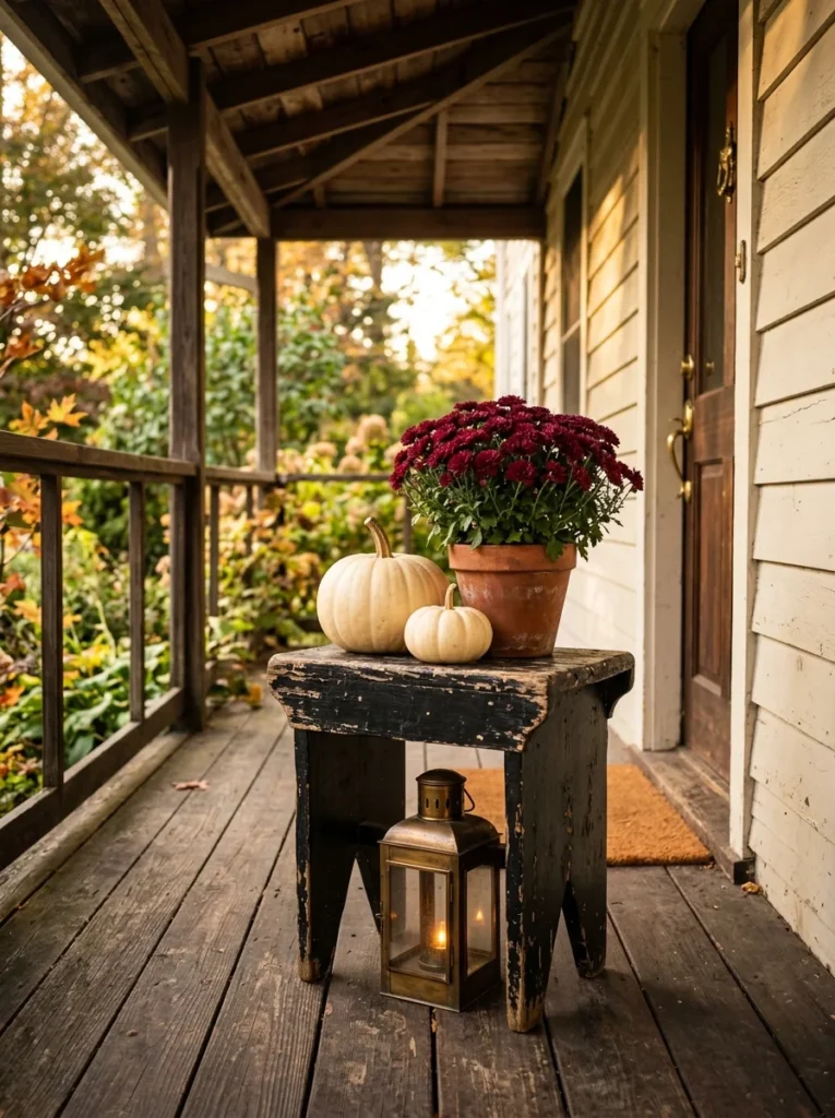 Thrifted stool styled with pumpkins and flowers for small fall porch decor.
