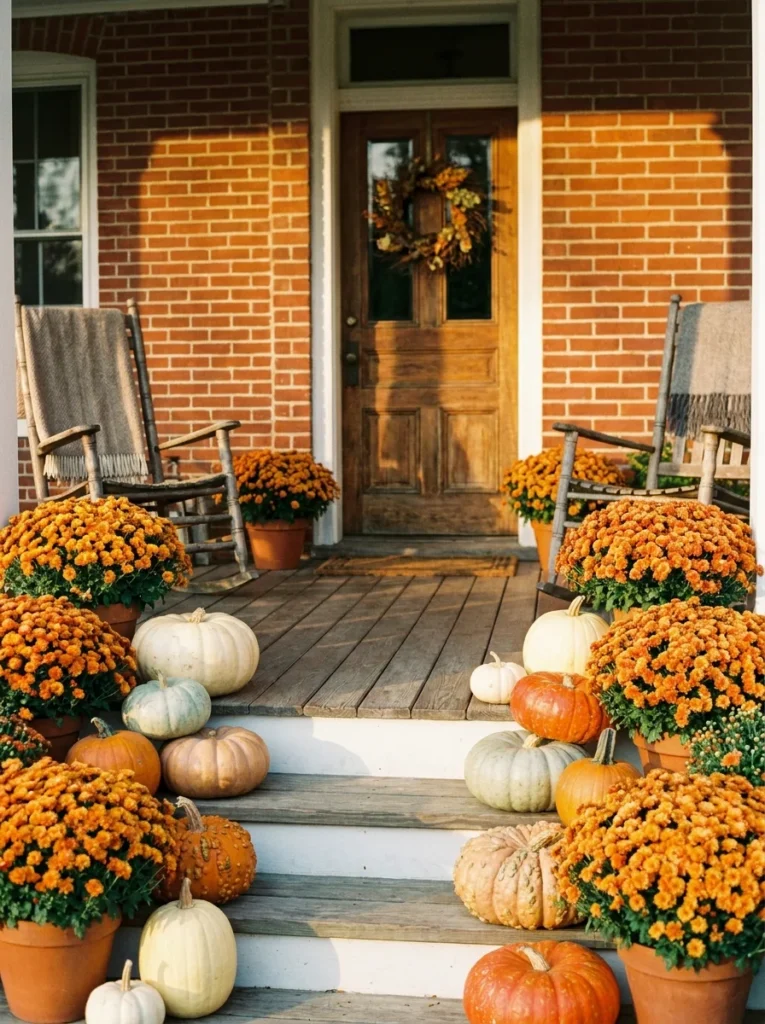  Heirloom pumpkins and orange mums create a classic autumn porch display.