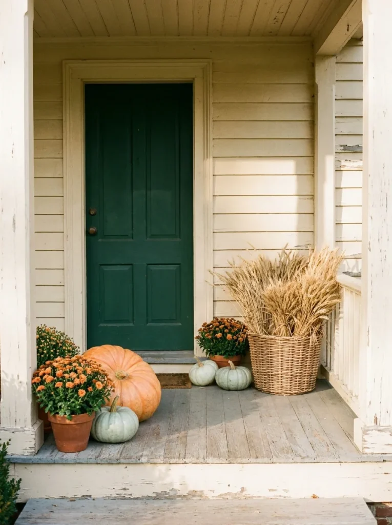 Heirloom pumpkins and dried wheat in a natural fall porch display