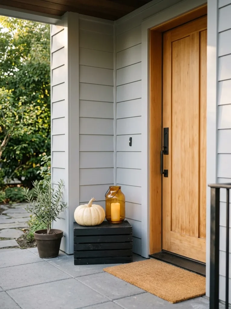 A black wooden crate creates a simple raised display for pumpkins and lanterns.