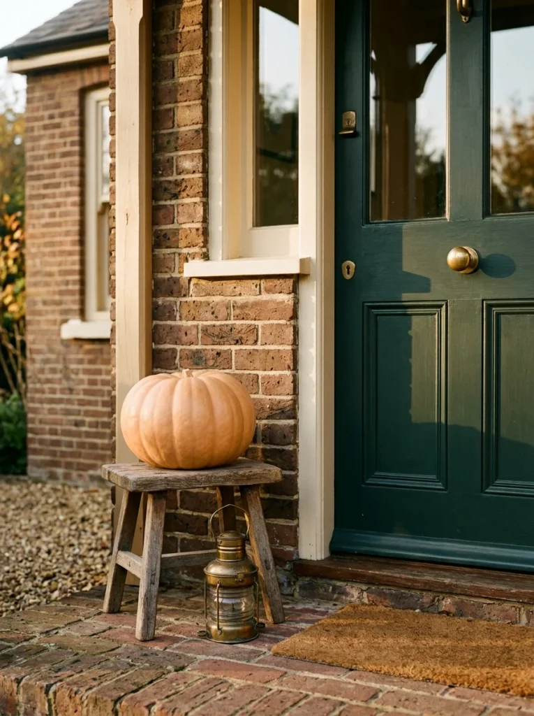 A vintage stool displaying one large pumpkin on a simple fall porch.
