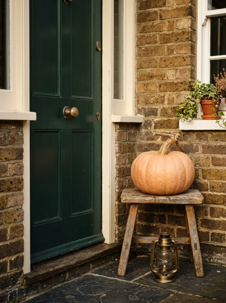 A vintage stool with one oversized pumpkin creates a simple cozy porch focal point.
