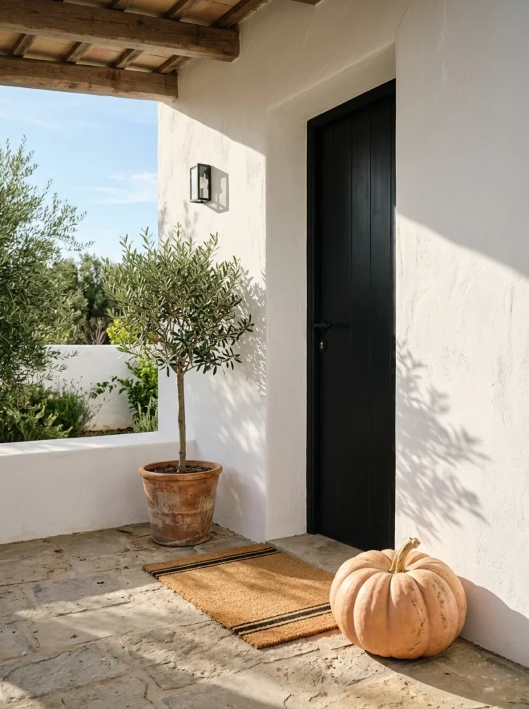 Oversized pumpkin used as a simple focal point for fall porch decor.