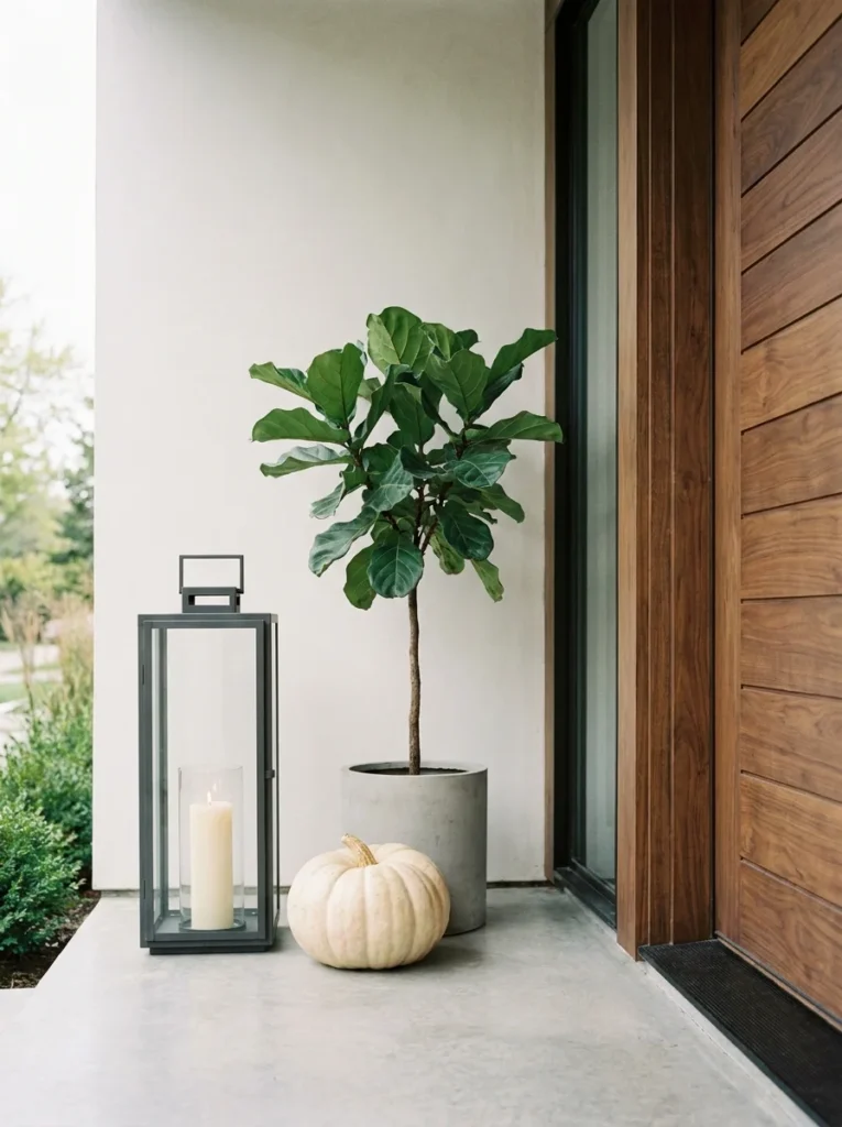 Minimal charcoal lantern and pale pumpkin on a modern fall porch