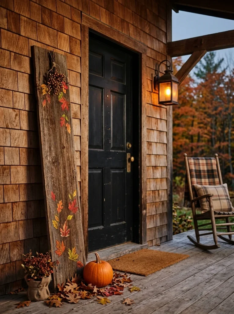 A reclaimed wood sign adds height and country character to rustic fall porch decor.