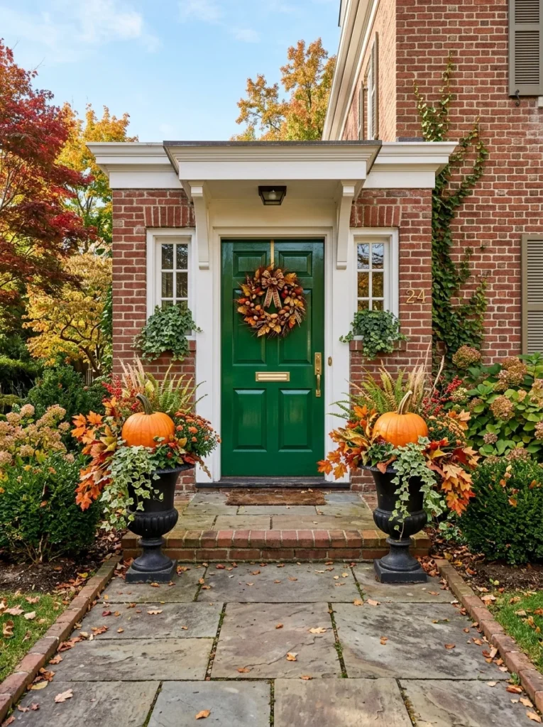 Symmetrical orange pumpkin arrangements flanking a classic front door.