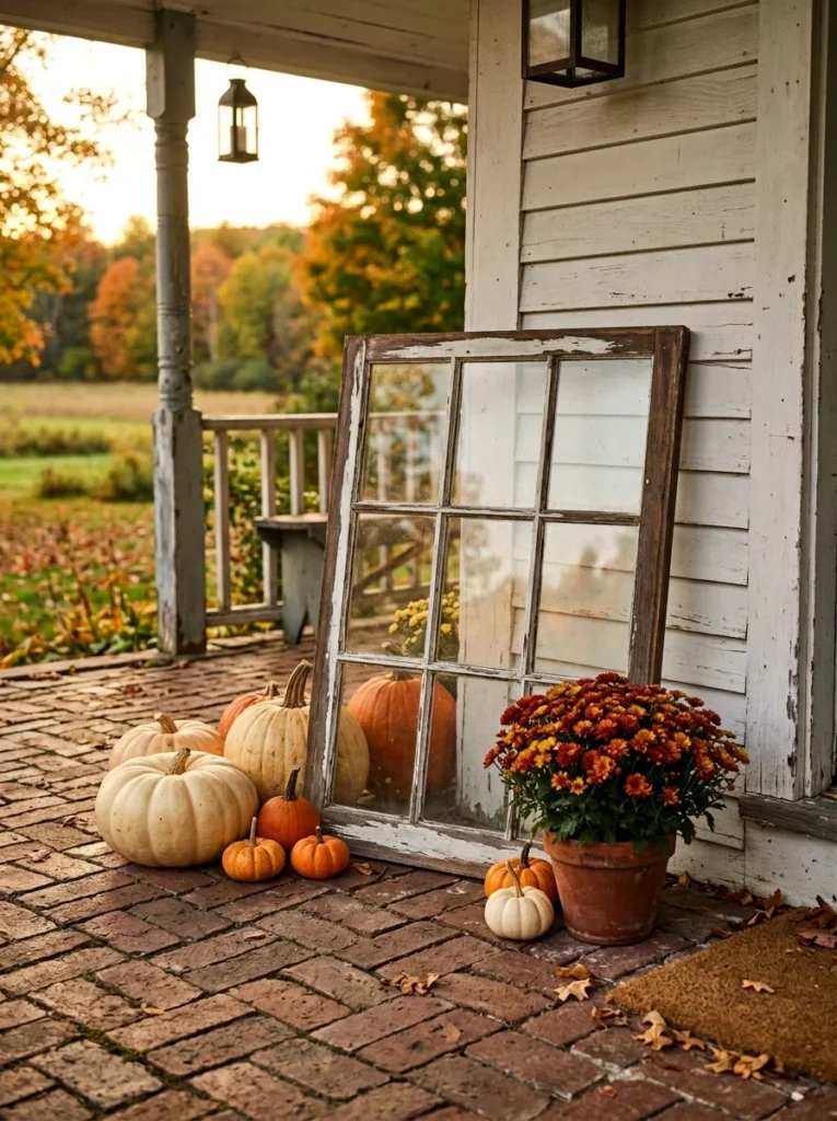 A vintage window frame creates a layered backdrop for rustic fall porch decor.