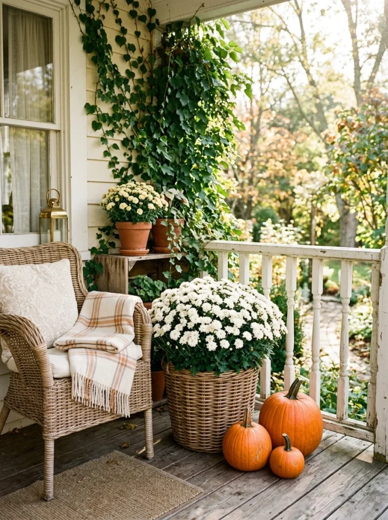 Pumpkin and mum corner creating a colorful cottage-style fall porch.