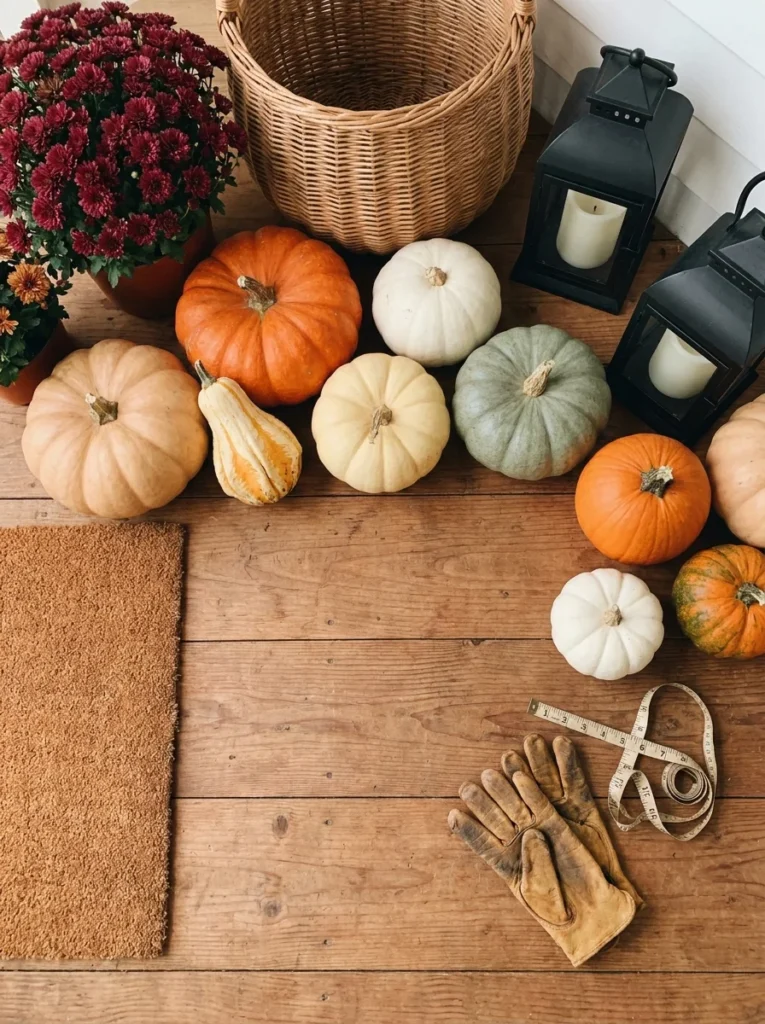 Fall porch decorating supplies including pumpkins, mums, lanterns, and a coir doormat.