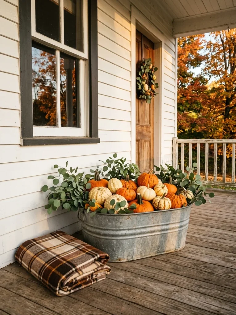 A galvanized tub filled with pumpkins creates rustic budget fall porch decor.