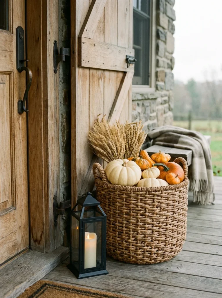 Woven basket filled with pumpkins and dried wheat for fall porch decor