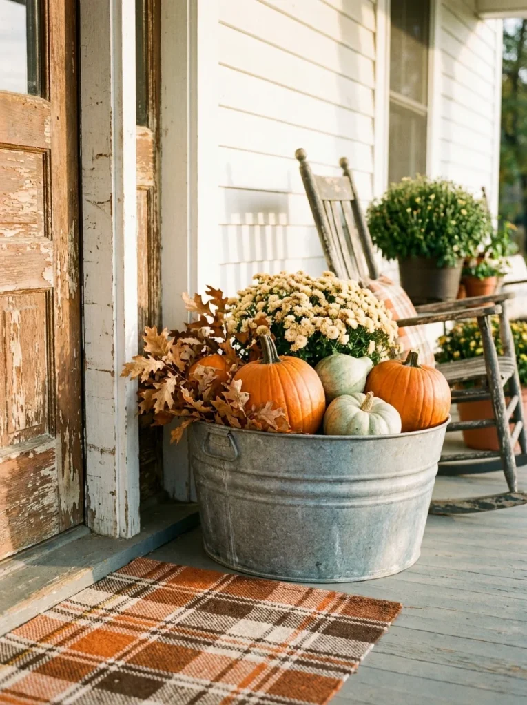 Galvanized tub filled with pumpkins and gourds for fall harvest porch decor