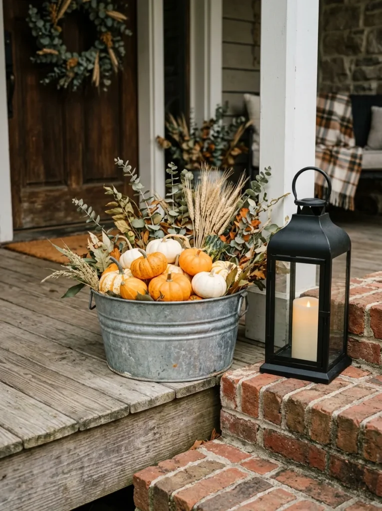 A galvanized tub filled with pumpkins and dried stems adds country charm to a fall porch.