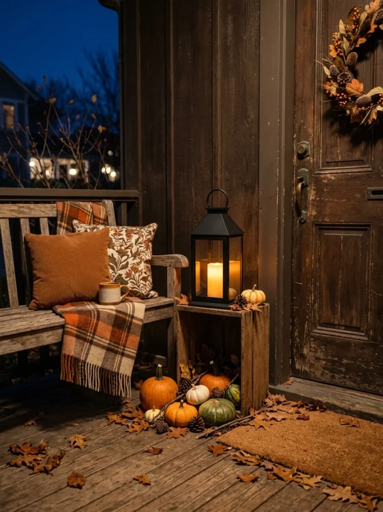 A black lantern with warm candlelight adds cozy evening charm to a rustic fall porch. 