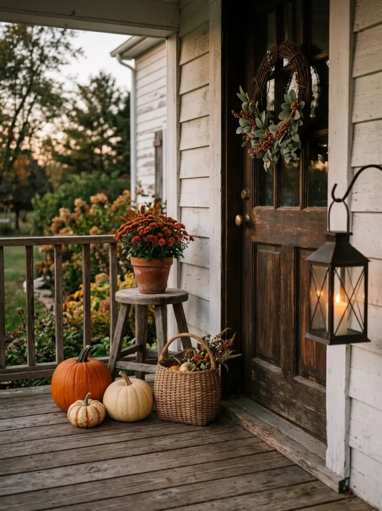 A cozy corner makes rustic fall porch decor easy to recreate on a small budget.