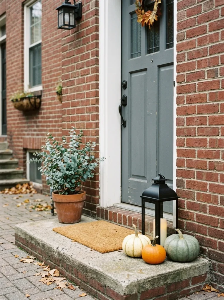 Small pumpkins grouped around a lantern suit compact front porch fall decor