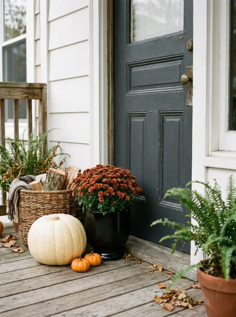 Small apartment fall harvest porch decor with pumpkins and mums