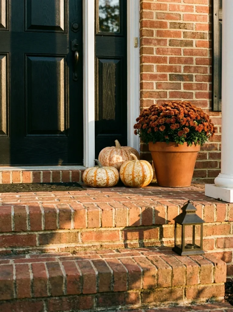 Classic fall harvest porch decor with pumpkins and mums