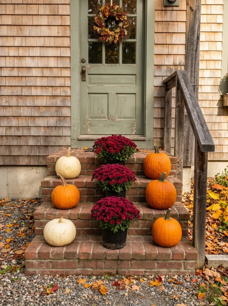 Pumpkins and mums line brick steps for a charming rustic fall porch display.