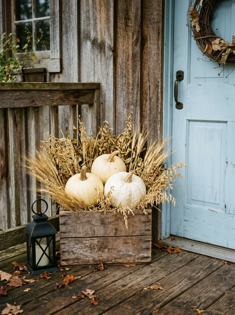 White pumpkins stacked on a rustic crate for farmhouse fall porch decor.