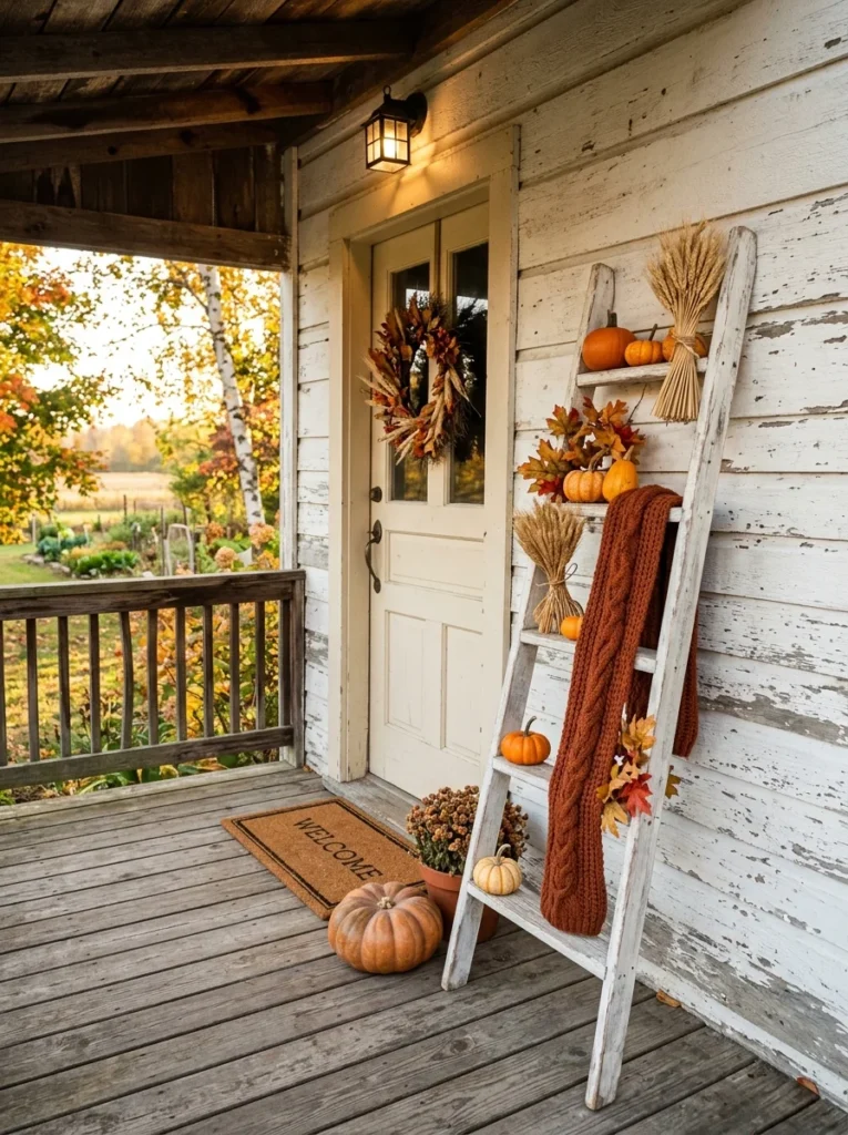 Vintage wooden ladder decorated with pumpkins and dried fall stems on a porch.