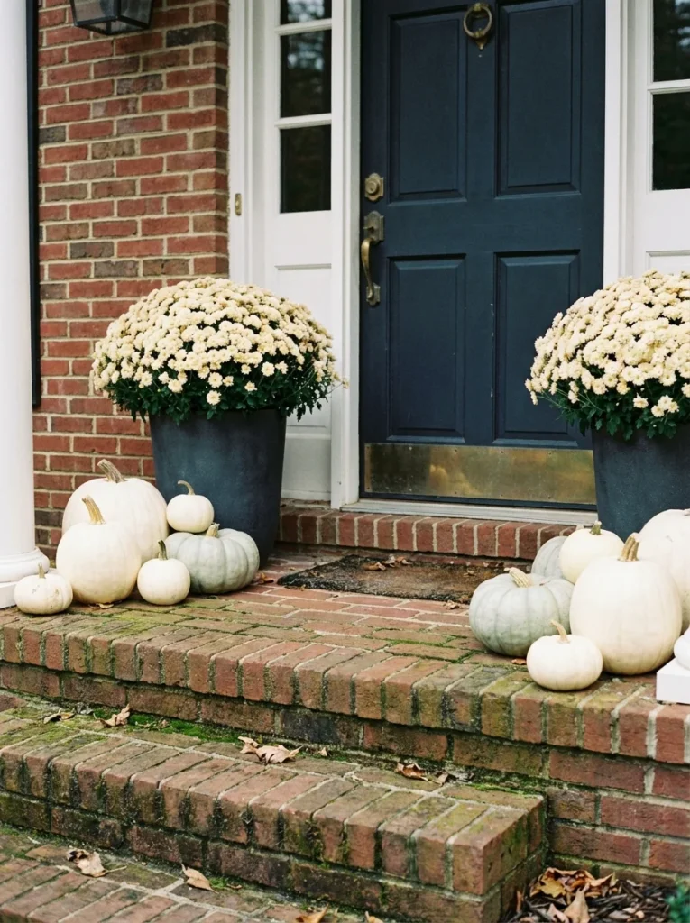 Cream mums and pale pumpkins create a soft classic fall porch.