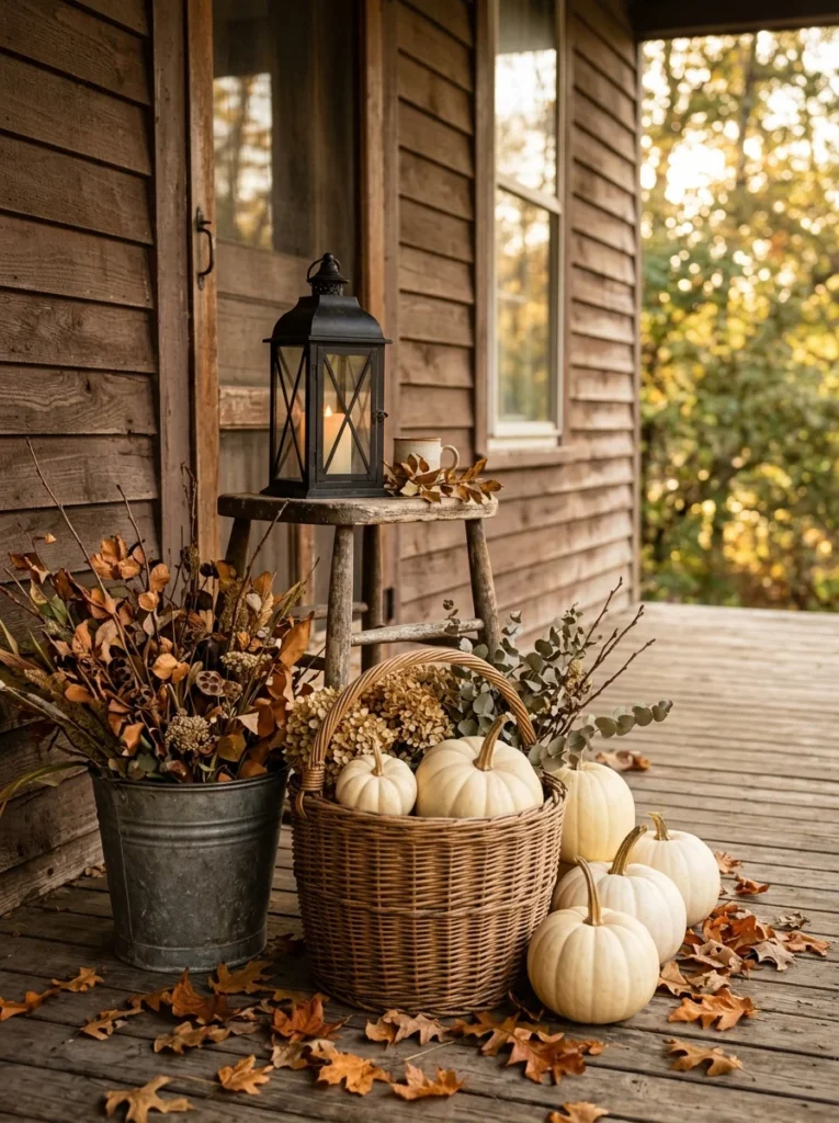 Wood, metal, and woven accents create layered rustic fall porch decor.