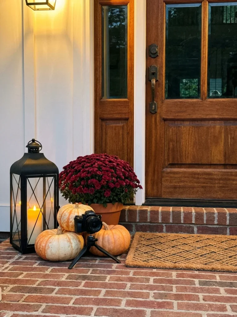 Simple pumpkin and lantern grouping for outdoor fall porch decorating ideas