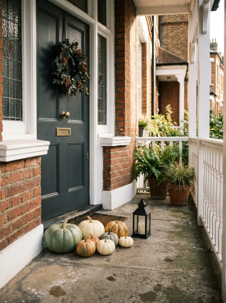 Small fall porch decor featuring a compact grouping of colorful pumpkins.