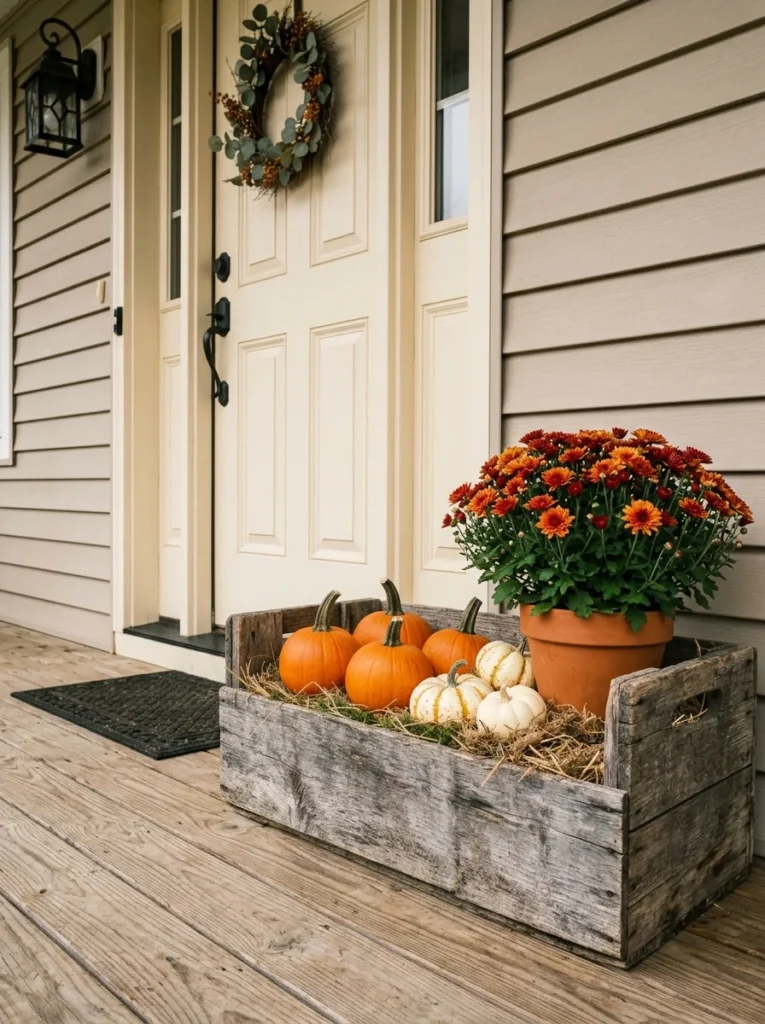 A thrifted wooden crate used as a pumpkin stand on a cozy autumn porch.