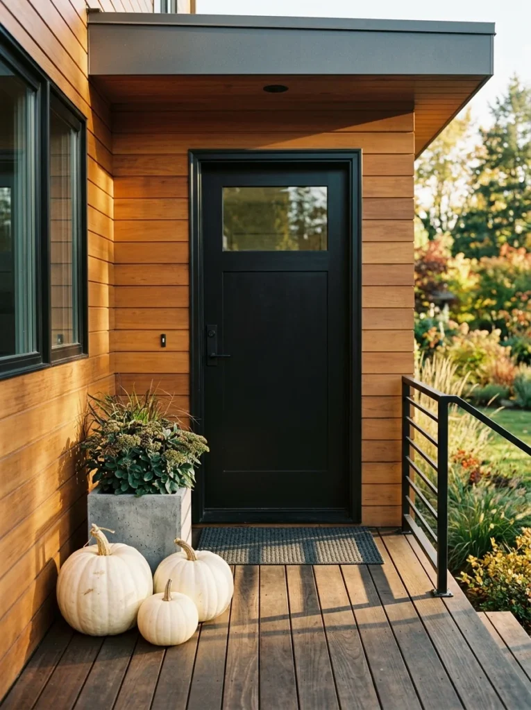 Cream pumpkins create a simple modern fall porch decor arrangement beside a black front door.
