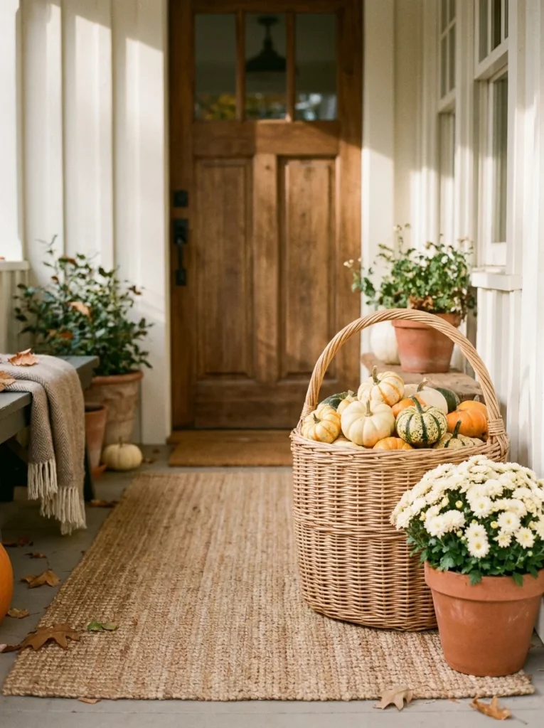 A wicker basket filled with pumpkins sits beside a cream mum on a cozy fall porch.
