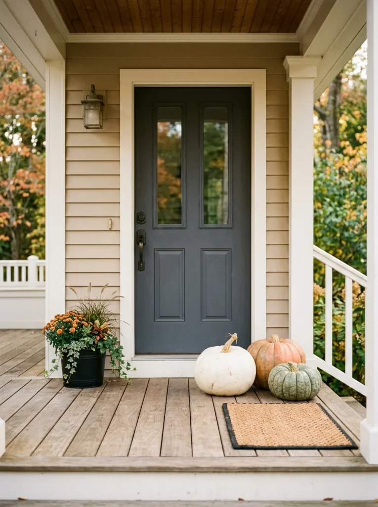 Large pumpkins in varied colors create simple fall porch decor beside a front door]