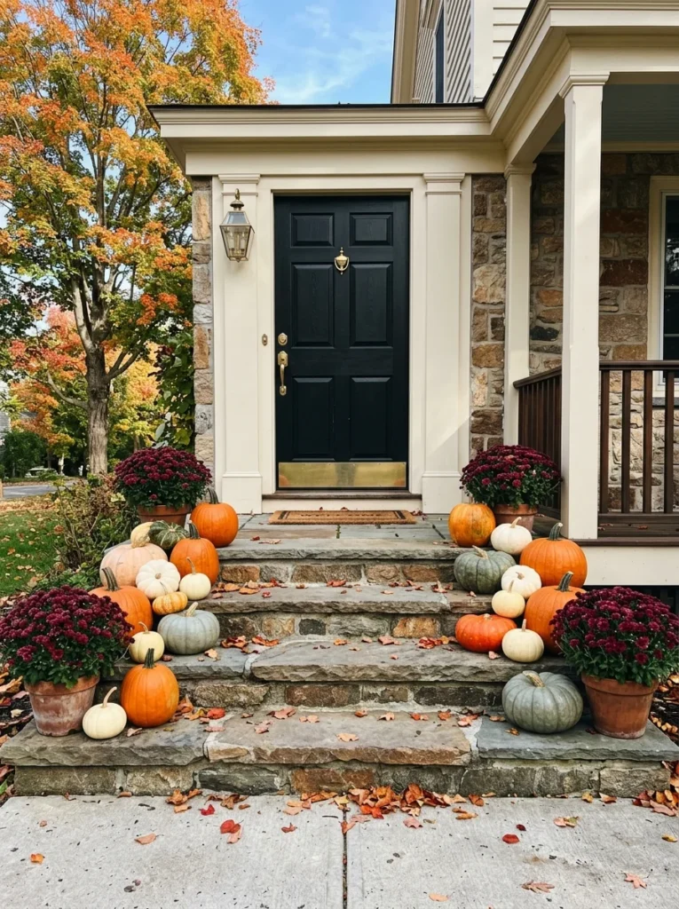 Coordinated pumpkins and mums decorate wide steps with a simple autumn color story