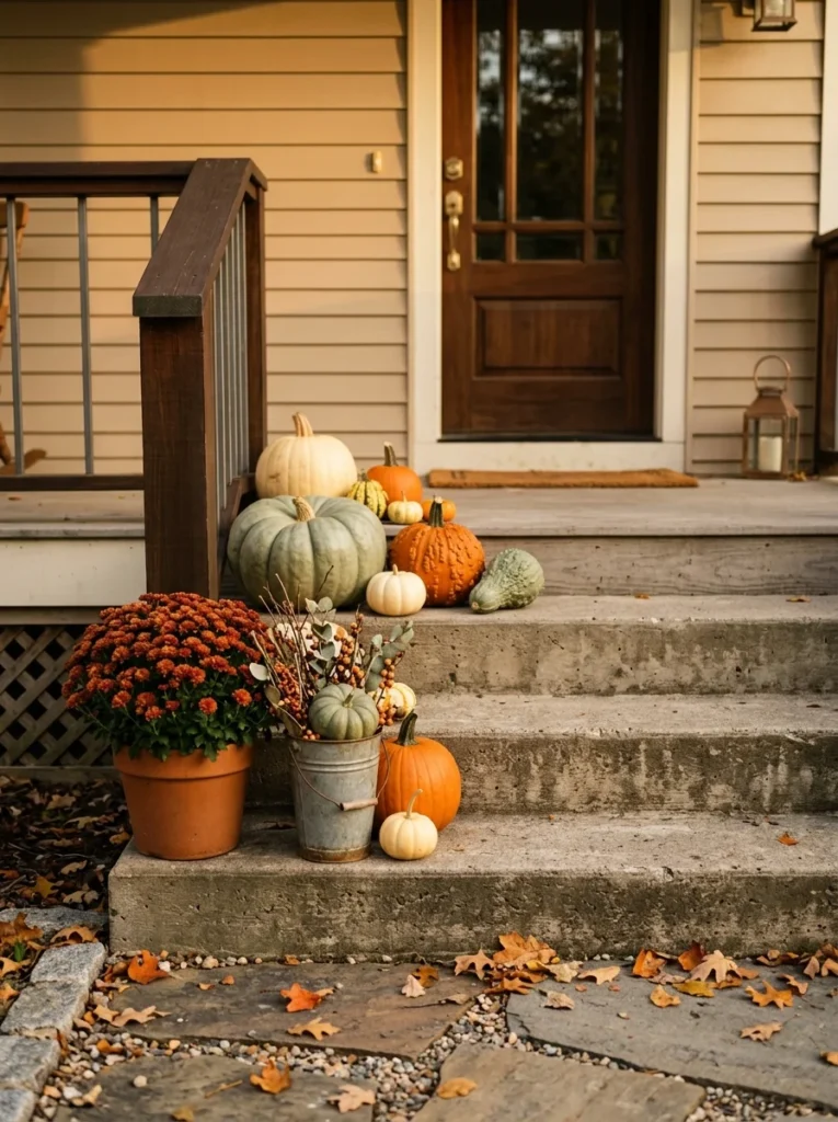 Pumpkins and mums arranged on porch steps for simple fall decorating.