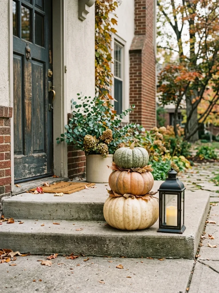 Stacked pumpkins and a lantern add height to small front porch fall decor ideas