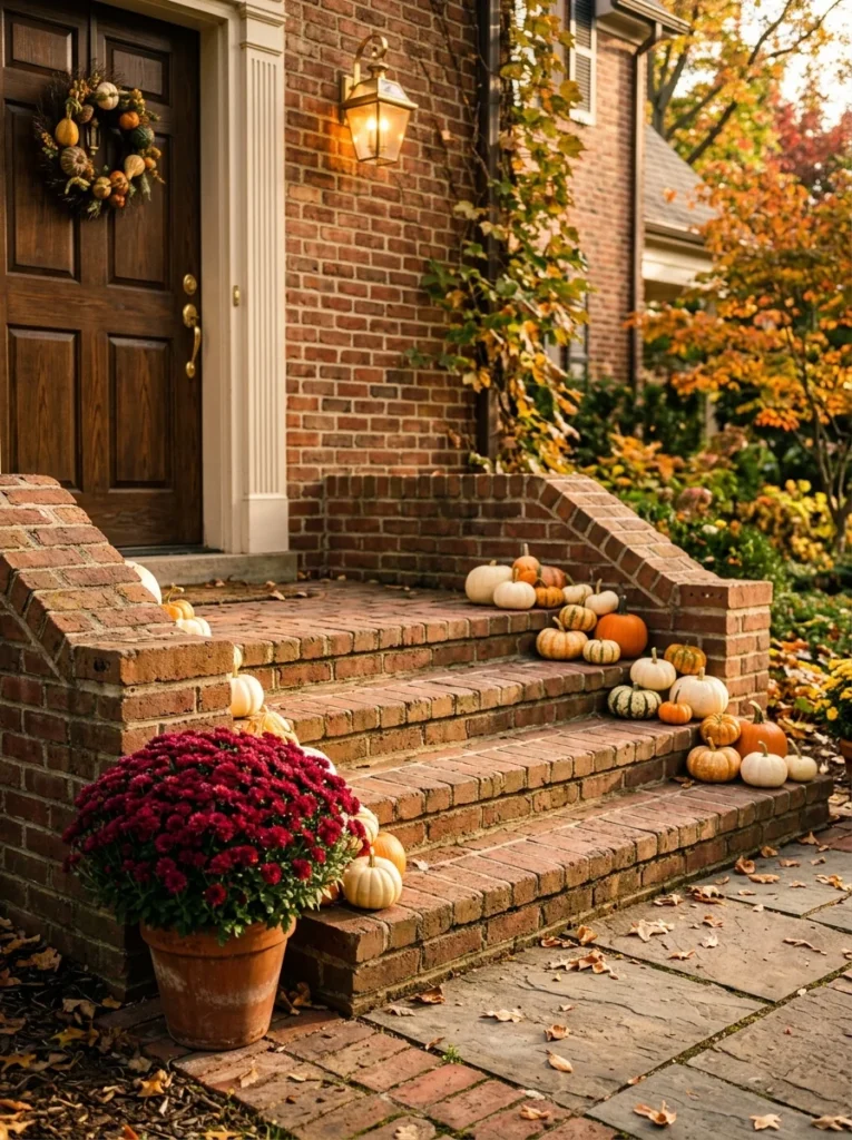 Mini pumpkins lining the steps of a small fall porch.