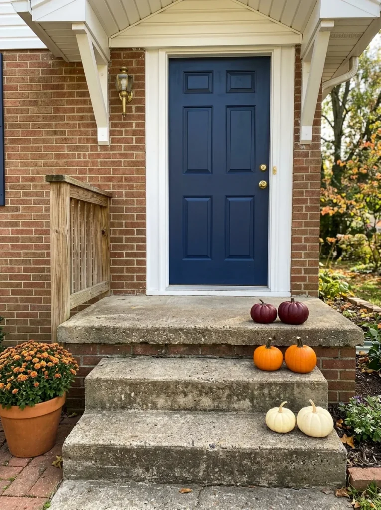 Small pumpkins arranged on porch steps create layered fall entryway decor